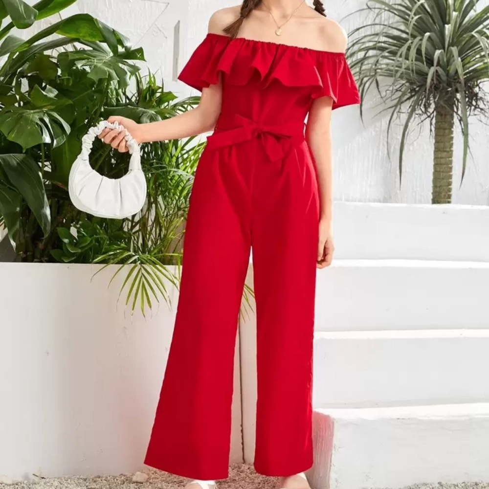 SHEIN Teen Girls Off Shoulder Ruffle Detail Belted red Jumpsuit size 10-11 year